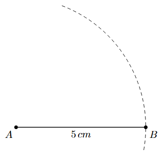 Step 2: An arc is drawn from point A with a radius of 5 cm.